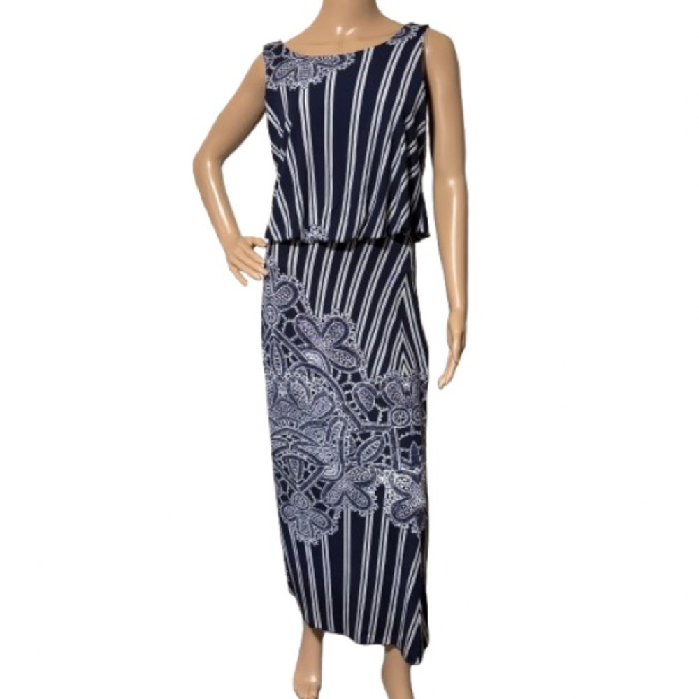 MT Collection Navy White Striped Floral Maxi Dress Size M